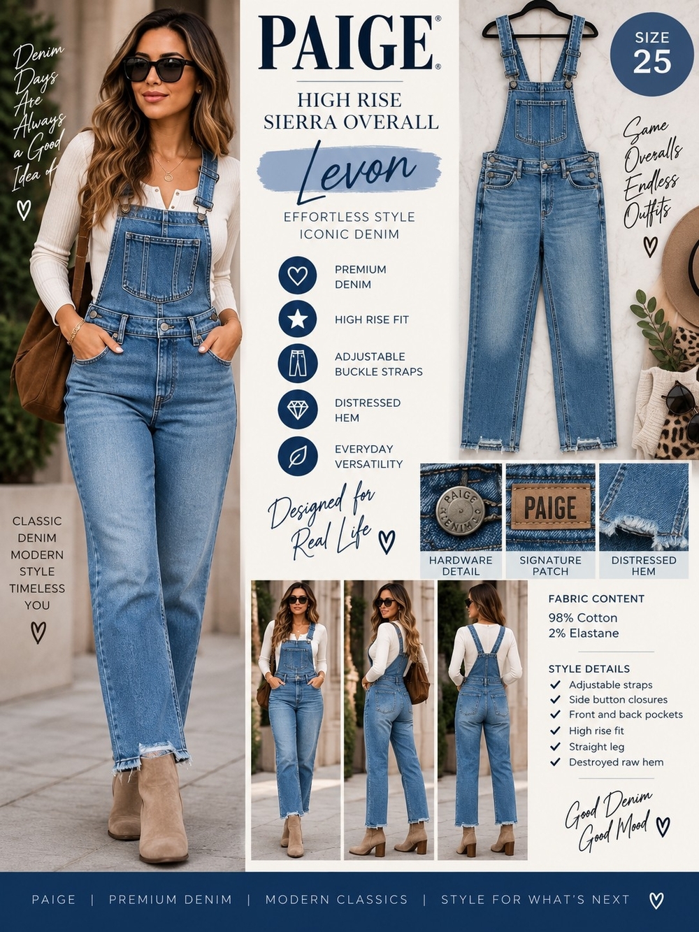 PAIGE Sierra High Rise Denim Overalls Levon Destroyed Hem Size 25